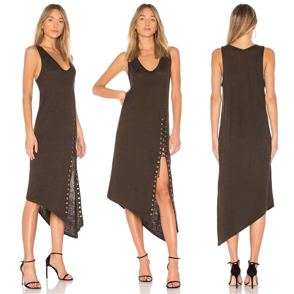 Iro Karossi Dress Brown Linen Knit Tank Maxi Sleeveless Asymmetrical Lace-Up